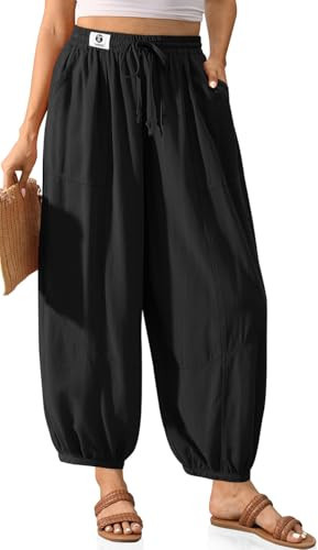 TARSE Womens Linen Barrel Harem Pants Casual Wide Leg Baggy Drawstring Boho Summer Beach Palazzo Travel Pants(Black, S) | Amazon (US)