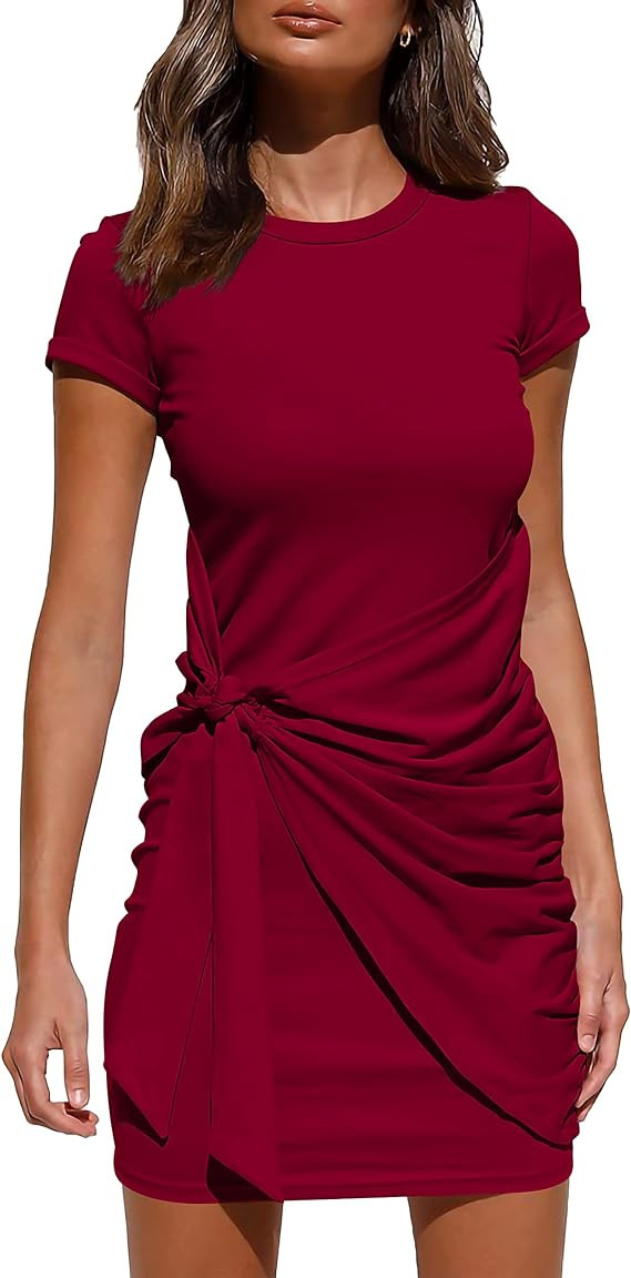 BTFBM Women 2024 Spring Casual Short Sleeve Ruched Bodycon Tank T Shirt Dress Tie Waist Sun Beach... | Amazon (US)