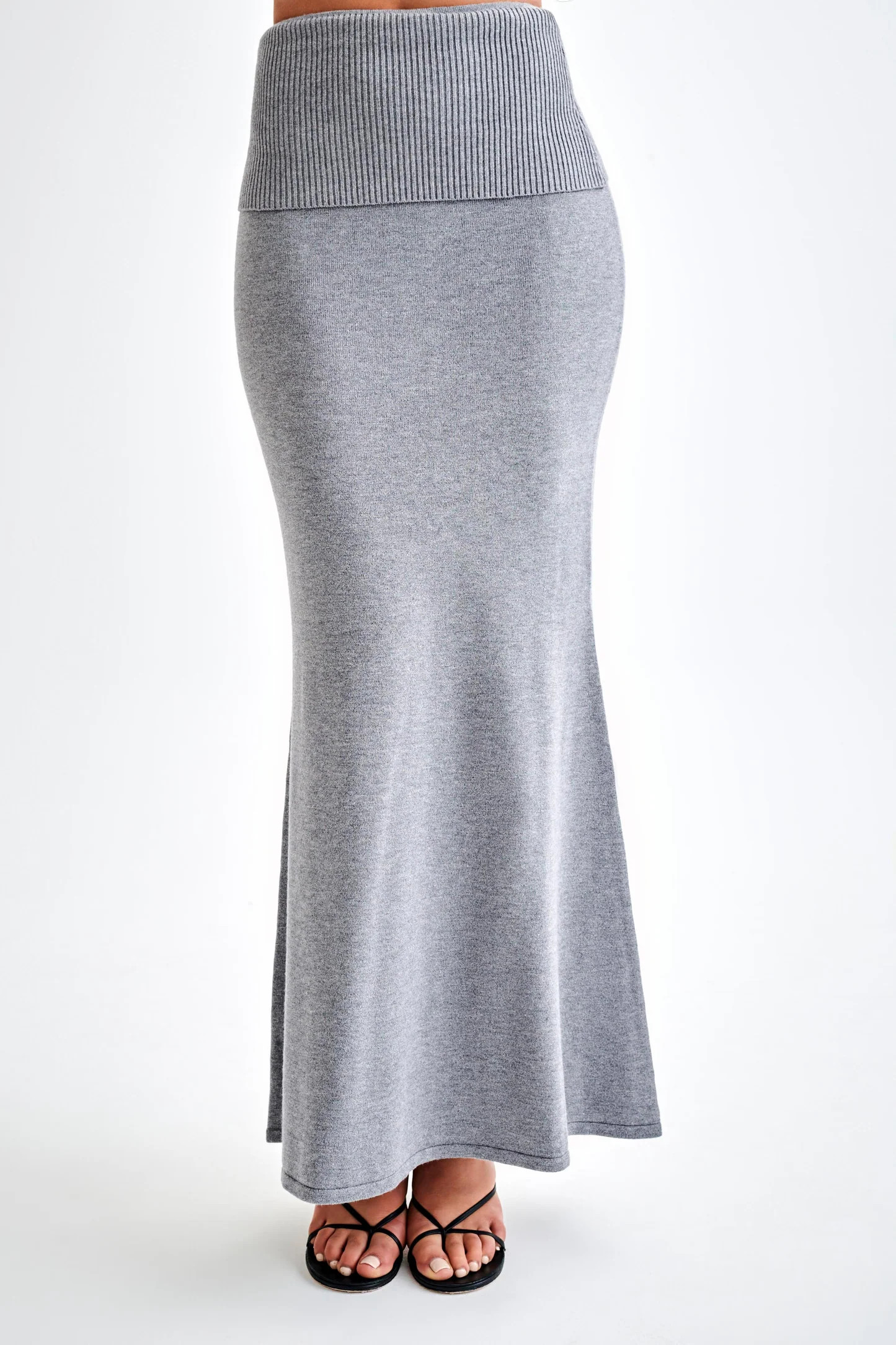 Knit Maxi Skirt With Ribbed Waist - Charcoal Marle | MESHKI US