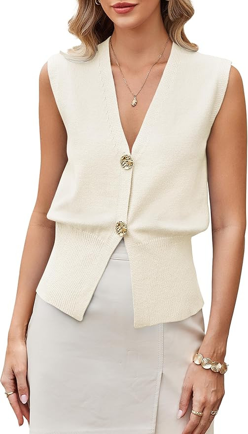 GUOLEZEEV Womens Sweater Vest Button Up V Neck Knit Vest Tops Sleeveless Cardigan Sweaters Tank T... | Amazon (US)
