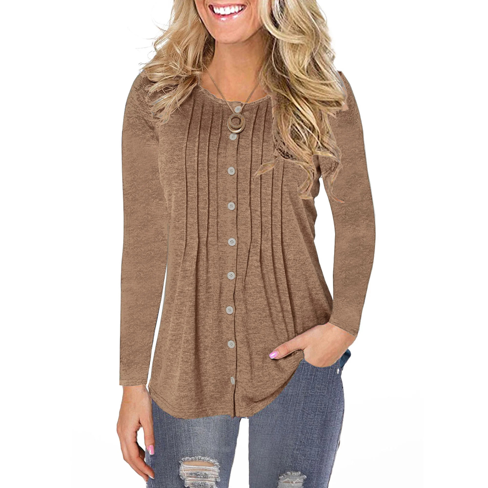 Pullover T Shirts Blouse Tops Baggy Long Sleeve for Women Button Down Round Neck Tunic Tops Winte... | Walmart (US)