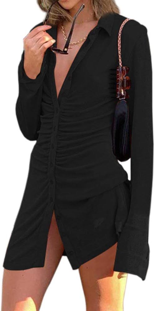 Murfhee Women's Velvet Long Sleeve Shirt Dress Elegant Pleated Bodycon Dresses | Amazon (US)