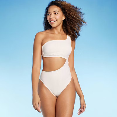Women's Ribbed One Shoulder Cut Out One Piece Swimsuit - Shade & Shore™ Off-White XS: Stripe Pa... | Target