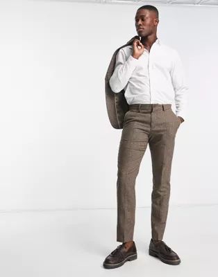 Selected Homme slim fit wool mix suit pants in brown plaid | ASOS (Global)