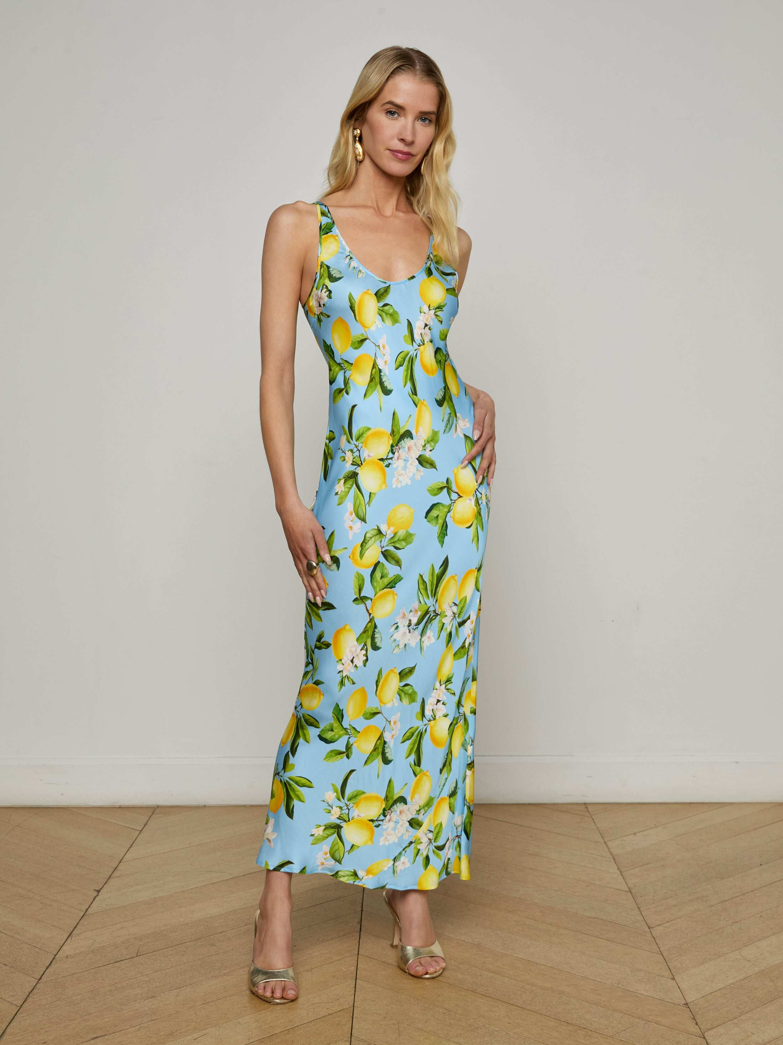 Akiya Satin Maxi Dress in Sky Blue/Yellow Floral Lemon | L'AGENCE | L'Agence