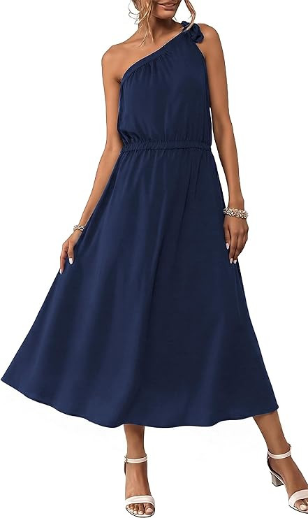 ECOWISH Womens Summer One Shoulder Maxi Dress Casual Polka Dot Midi Dresses Sleeveless Long Pocke... | Amazon (US)
