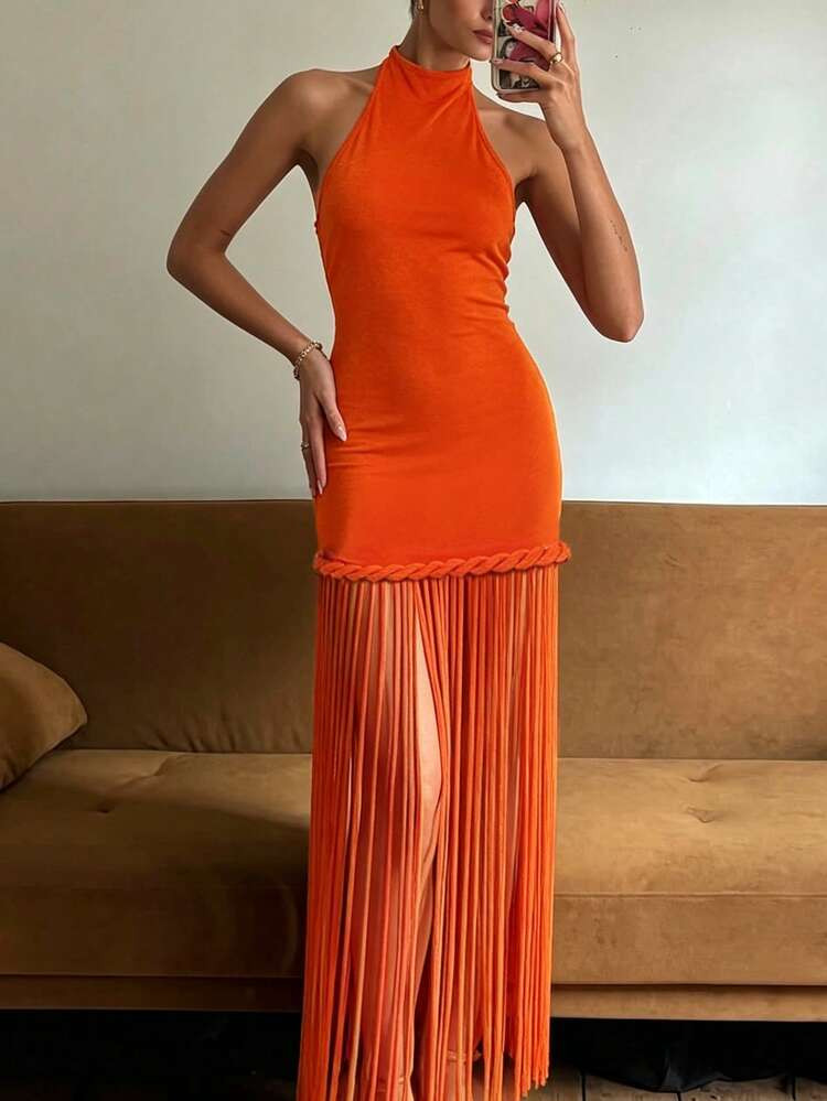 DOUCIU Orange Tassel Twist Knot Backless Bodycon Dress, Suitable For Party, Birthday Events | SHEIN