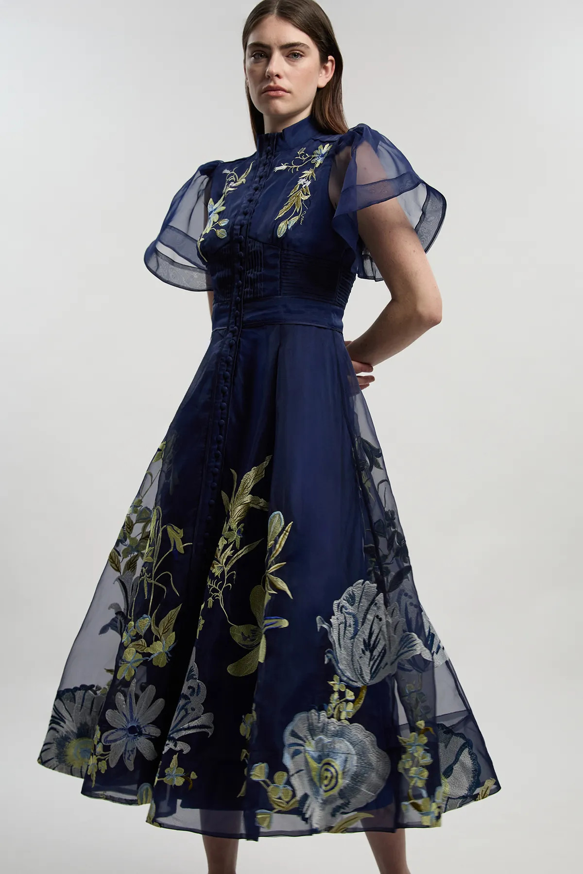 Botanical Embroidery Organdie Angel Sleeve Midi Dress | Karen Millen