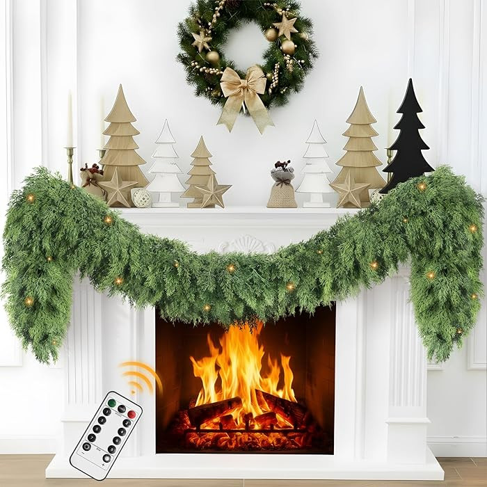 6 Ft Cedar Christmas Garland with Lights for Mantle - Realistic Real Touch Faux Artificial Pine G... | Amazon (US)