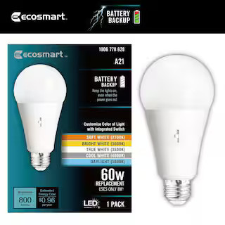 60-Watt Equivalent A21 Dimmable CEC Battery Backup LED Light Bulb with Selectable Color Temperatu... | The Home Depot