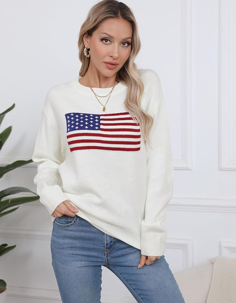 shermie Women's Long Sleeve Crew Neck Sweater Casual Lightweight American Flag Pullover Sweaters | Amazon (US)
