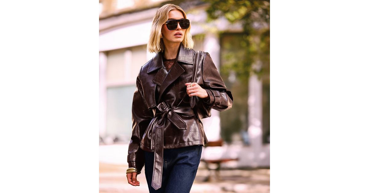 Women's Dark Burgundy Patent Faux Leather Crocodile Embossed Tie Waist Jacket New Look | New Look (UK)