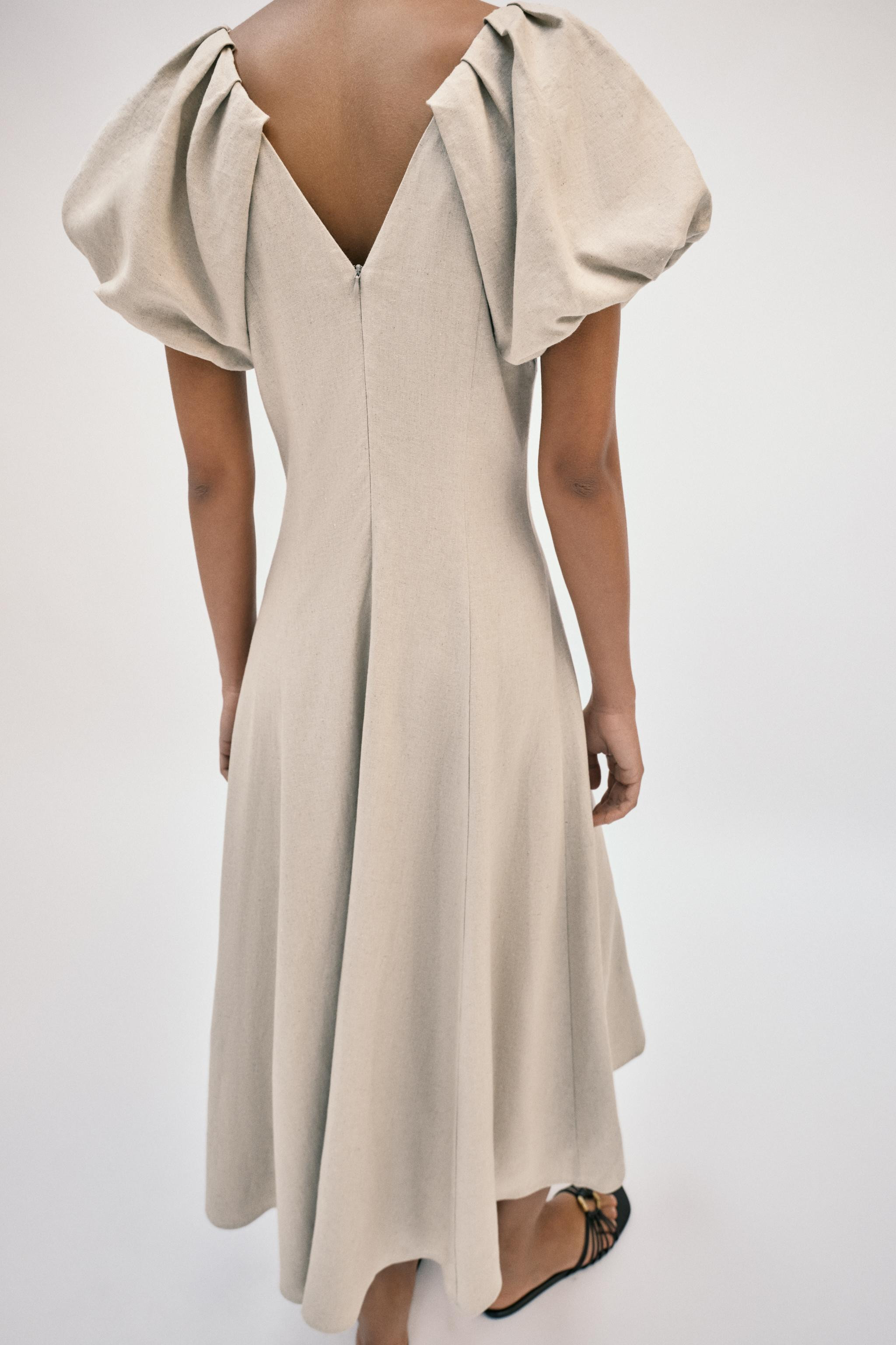 LINEN BLEND PUFF SLEEVE MIDI DRESS | Zara US