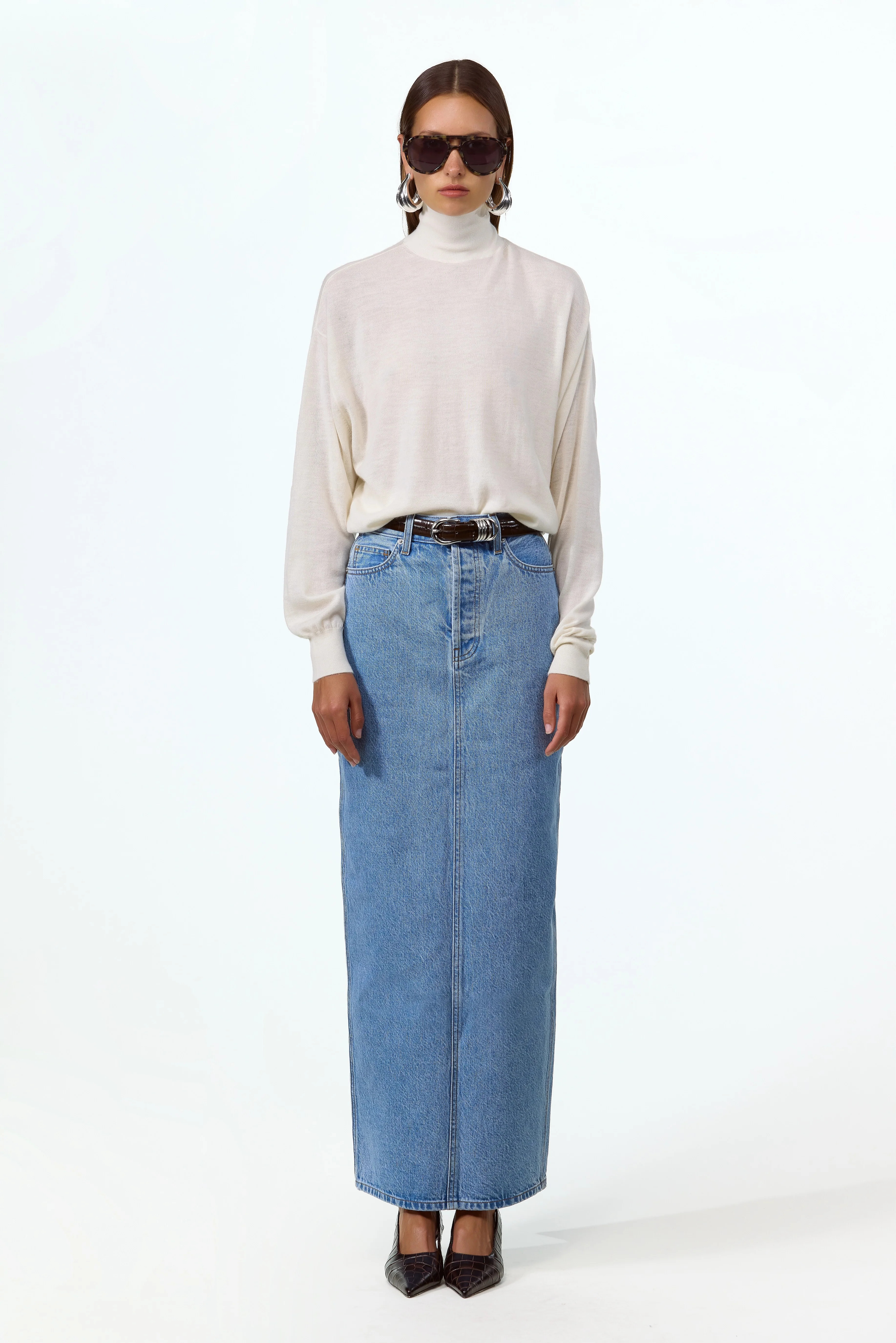 The Denim Pencil Maxi Skirt (Classic Blue) | SAME