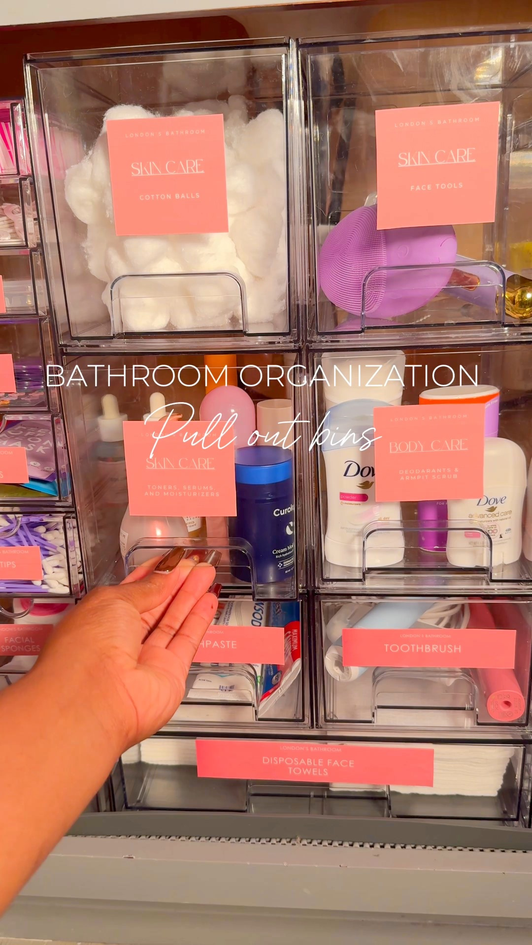 Bathroom Storage & Organization! These clear pull out bins are the best. Especially in cabinets that are closed. You can everything clearly. I do need to post the diy video on the labels. Stay tuned for that!🩷 

#bathroom #bathroomorganization #bathroomstorage #storageandorganization #organization #kidsbathroom 

#LTKKids #LTKHome #LTKFamily