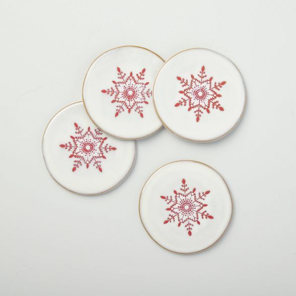 Festive Snowflake Stoneware Coaster Set Light Gray/Red - Hearth &#38; Hand&#8482; with Magnolia | Target