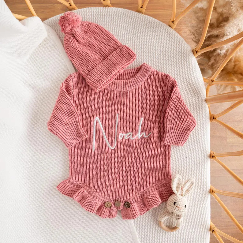 Personalized Baby Name Romper - Chunky Knit Ruffle Leg Embroidery - Etsy | Etsy (Global)