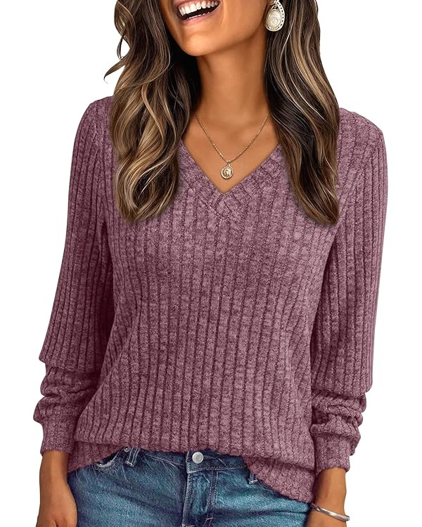 AUTOMET Womens V Neck Long Sleeve Shirt Fall Fashion Tops Tunic Dressy Casual Sweater Clothes Cut... | Amazon (US)