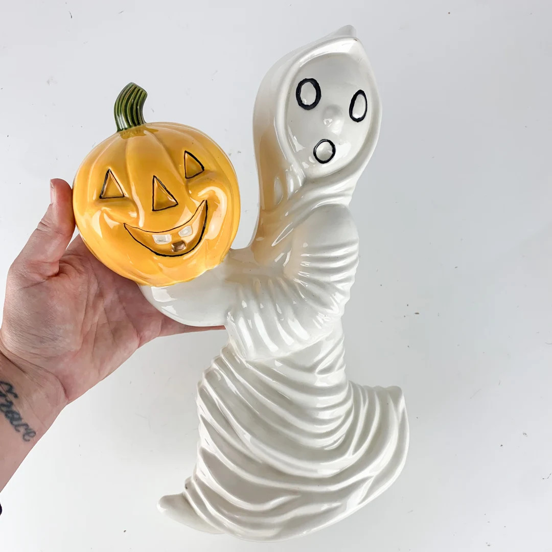 Vintage Ceramic Ghost Holding Pumpkin Handmade Halloween Decor Kitschy Fall | Etsy (US)