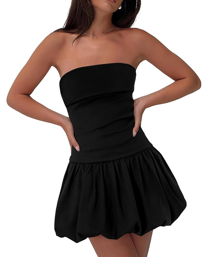 HYPERFIRE Women's Elegant Strapless Tube Bubble Mini Dress Bow Back Dresses Wedding Club Party | Amazon (US)
