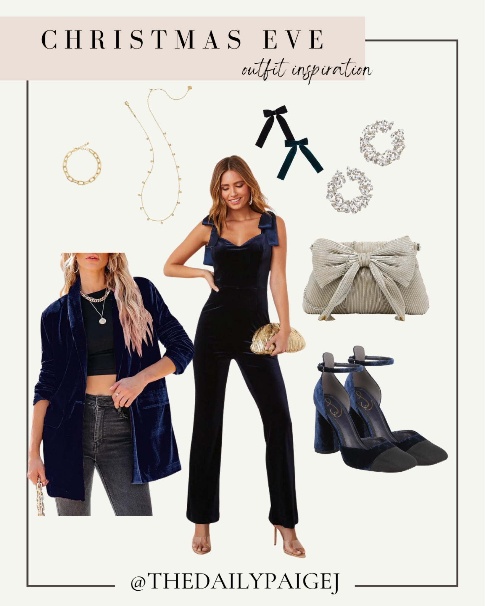 The countdown to Christmas is on! If you’re looking for a holiday dress or a Christmas outfit, then this velvet jumpsuit would be perfect! Pair it with some simple dainty jewelry and matching velvet black and blue pups. If you’re somewhere cold this Christmas or going to a holiday event and need a jacket, this Amazon velvet blazer with black pants and these pumps would be perfect as well. Accessorize with a blue velvet bow and you’re good to go! 

Holiday outfit, holiday event outfit, Christmas party outfit, Christmas Outfit, gifts for her

#LTKfindsunder100 #LTKGiftGuide #LTKHoliday