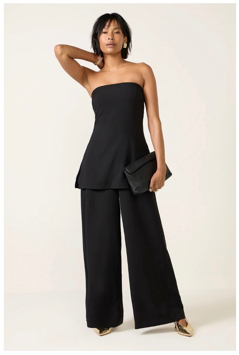 I love this strapless jumpsuit for a holiday outfit or New Year’s Eve outfit.  NYE party, Christmas party 

#LTKOver40 #LTKSeasonal #LTKHoliday