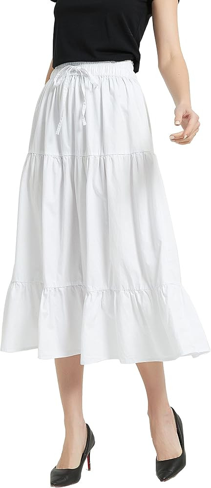 Tronjori Womens A Line Long Midi Denim Skirt Tired Pleated Layers Elastic Waist Front Drawstring | Amazon (US)
