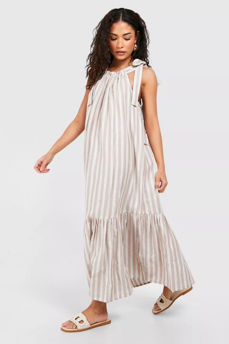 Petite Linen Stripe Midi Dress | Boohoo.com (UK & IE)