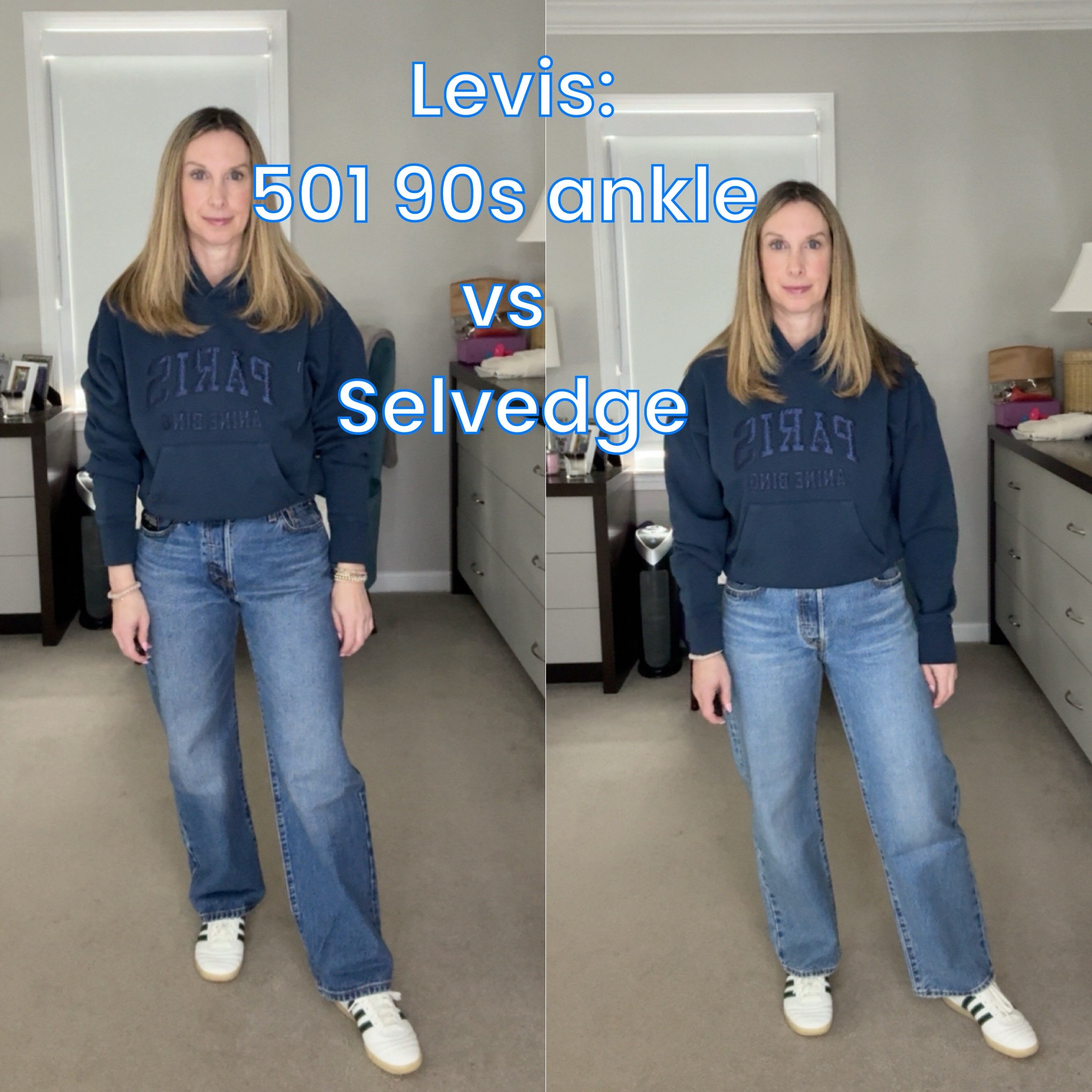 Tried 2 styles of Levi’s recently - the 501 90s Selvedge (left) in size 26 x 28” in Work Yourself Selvedge wash vs 501 90s ankle (right) in 26 x 27” in Sweetest taboo (only one length available)
I liked both! The length of the Selvedge is obviously longer. Also, learned that makes it different is the Jean material. I may exchange it for the lighter wash

#LTKPetite #LTKOver40