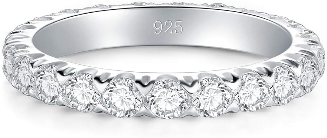 BORUO 925 Sterling Silver Ring, Cubic Zirconia CZ Wedding Band Stackable Ring Size 4-12 | Amazon (US)