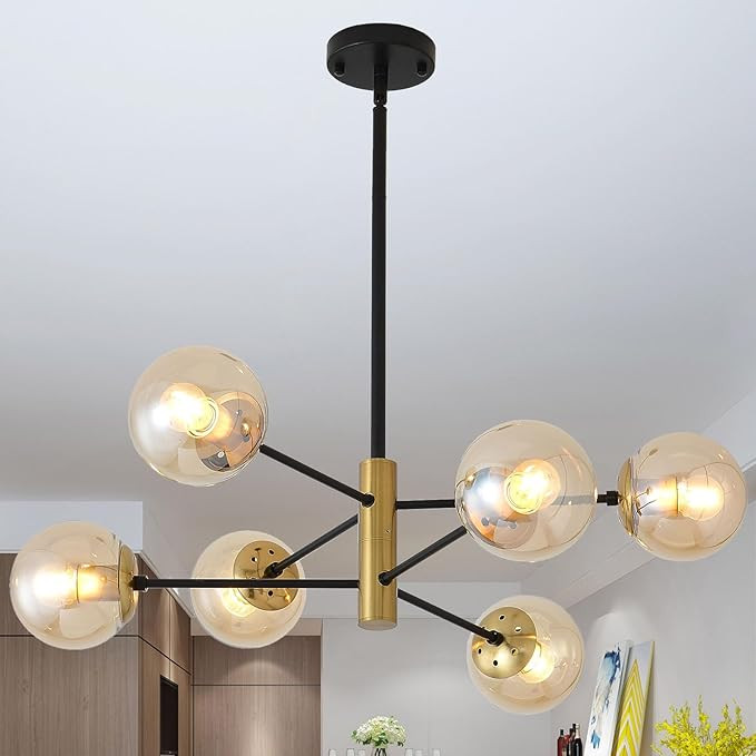 6 Light Amber Glass Chandelier, Globe Ceiling Light Fixture, Height Adjustable Recessed Ceiling L... | Amazon (US)