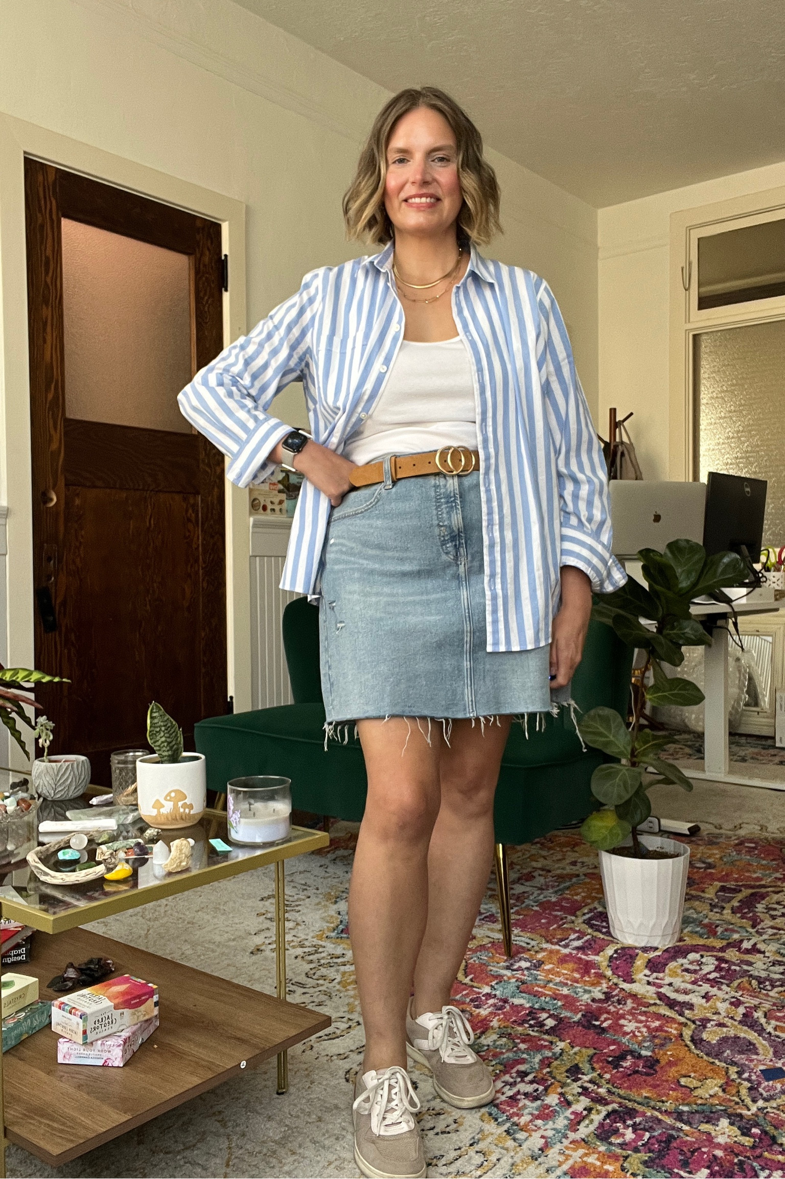 Outfit formula: striped button-down, white, tank top, brown belt, denim skirt and sneakers  

#LTKSeasonal #LTKstyletip #LTKworkwear