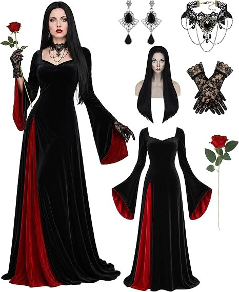 Aileam Morticia Addams Costume Halloween Morticia Addams Dress Gothic Witch Costume Women Velvet ... | Amazon (US)