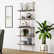 Nathan James Theo 5-Shelf Ladder Bookcase Natural Light Brown Wooden Shelf and White Metal Frame | Walmart (US)