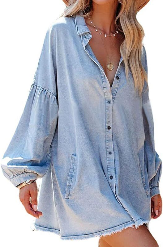 Women's Oversized Distressed Denim Button Down Tunic Shirt Dress with Pockets | Amazon (US)