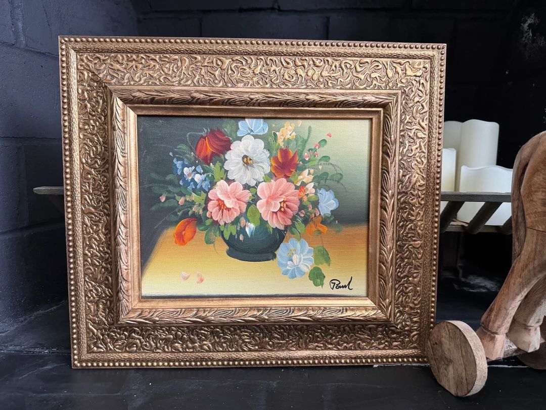 Vintage Oil Flower Painting Ornate Gold Frame - Etsy | Etsy (US)