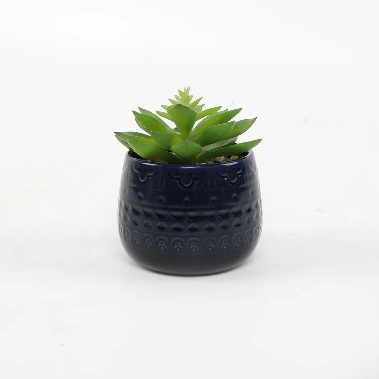 Mainstays 3" Tabletop Artificial Succulent in Mayan Print Ceramic Pot, Navy | Walmart (US)