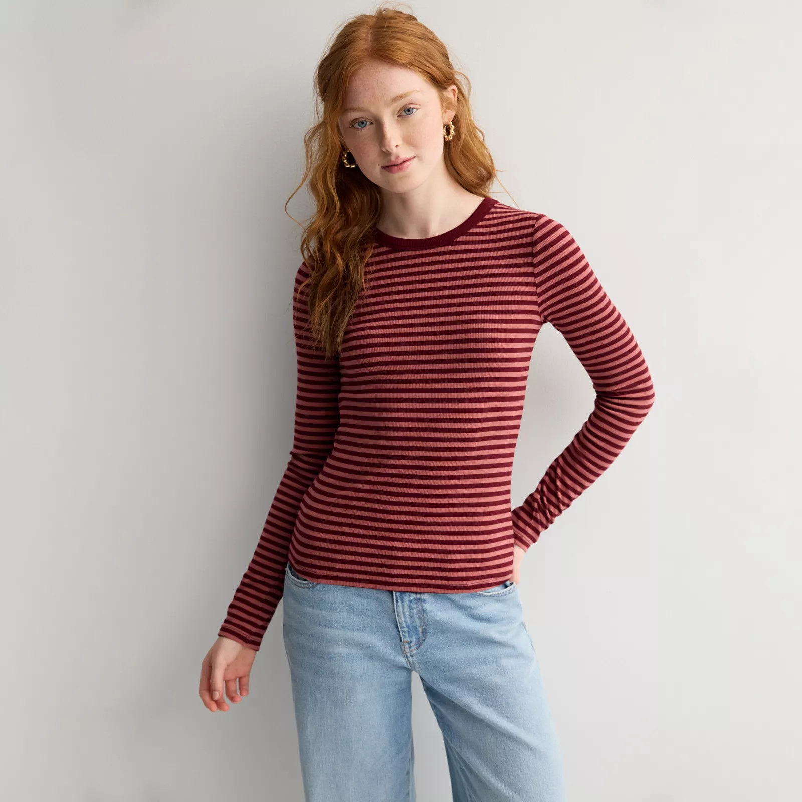 Juniors' SO® Long Sleeve Rib Crew Top, Women's, Size: XS, Rosy Amelie Stripe | Kohl's