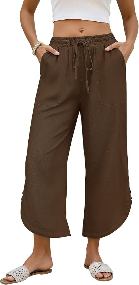 Lightweight Cropped Wide Leg Pants for Women, Curved Hem with Decorative Buttons, Side Pockets fo... | Amazon (US)