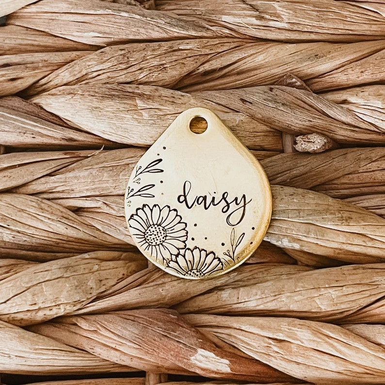 Dog Tag, Pet Id Tag, Personalized Dog Tag, Hand Stamped Dog Tag, Engraved Dog Tag, DAISIES TEARDR... | Etsy (US)
