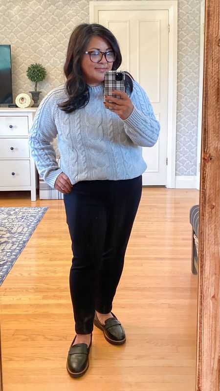 Work outfit, casual outfit, cable knit sweater, loafers, leggings, office outfit, over 40 style, over 40 fashion

#LTKover40 #LTKfindsunder50