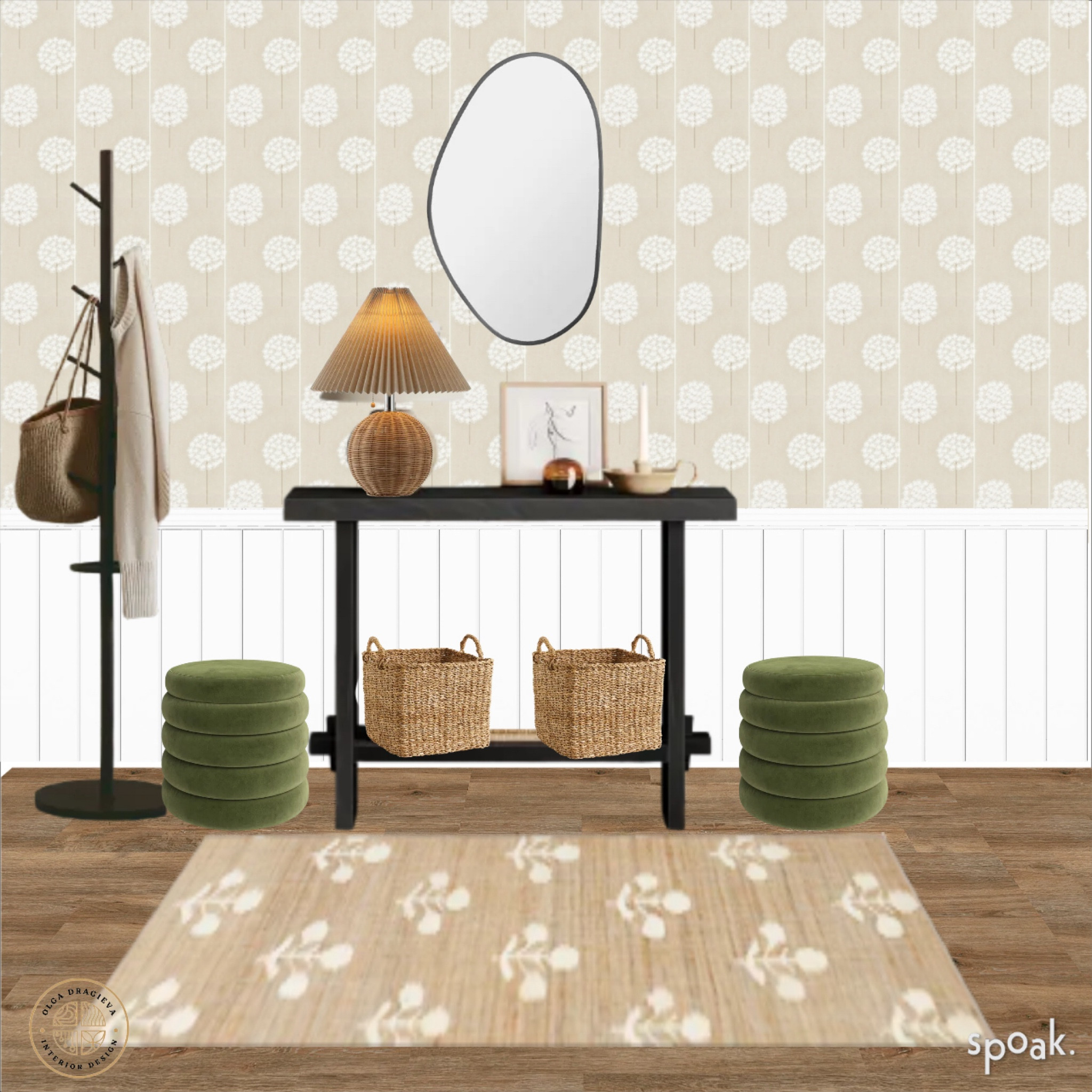 Neutral entryway design/moodboard. Jute-wool runner, neutral wallpaper, green velvet storage pour, irregular and organic mirror, pleated table lamp, affordable black console table, black coat rack. #homedecor #entrywayy

#LTKHome #LTKFamily #LTKStyleTip