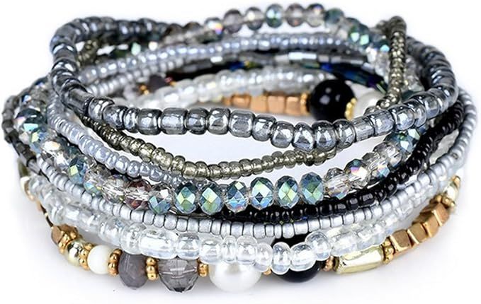 MengPa Stackable Beaded Bracelets for Women Girls Bohemian layering Strand Statement Jewelry | Amazon (US)