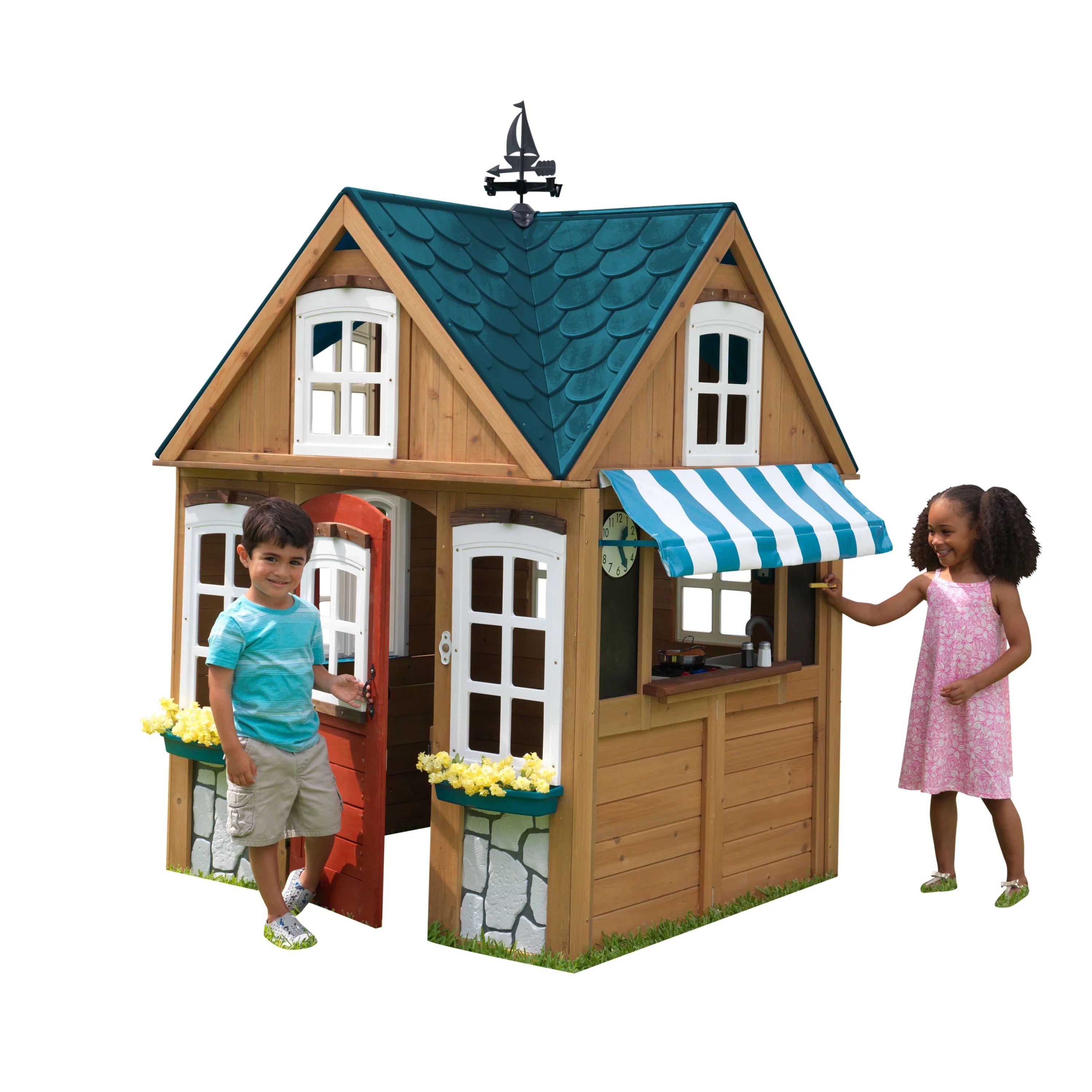 KidKraft Seaside Cottage Outdoor Wooden Playhouse with Ringing Doorbell, Bench & Kitchen | Walmart (US)