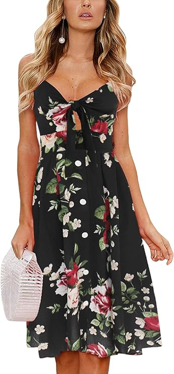 ECOWISH Women Dresses Summer Tie Front V-Neck Spaghetti Strap Button Down A-Line Backless Swing M... | Amazon (US)