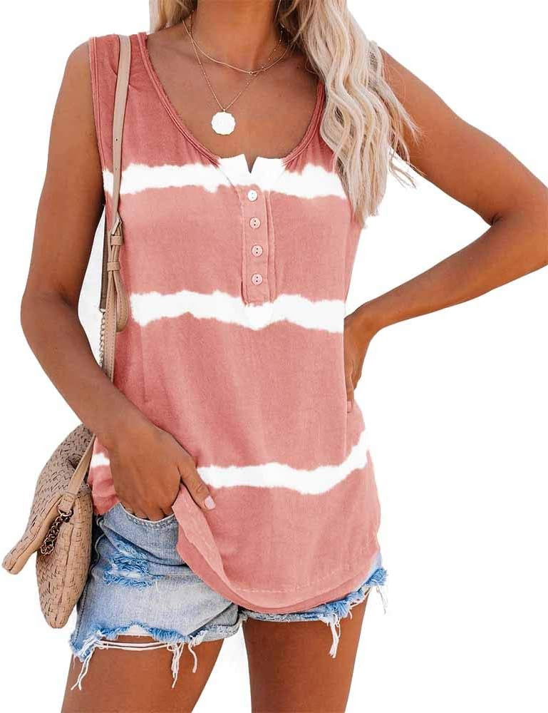 Farktop Womens Striped Tie Dyed Printed Henley Shirts Scoop Neck Workout Casual Button Down Tunic... | Amazon (US)