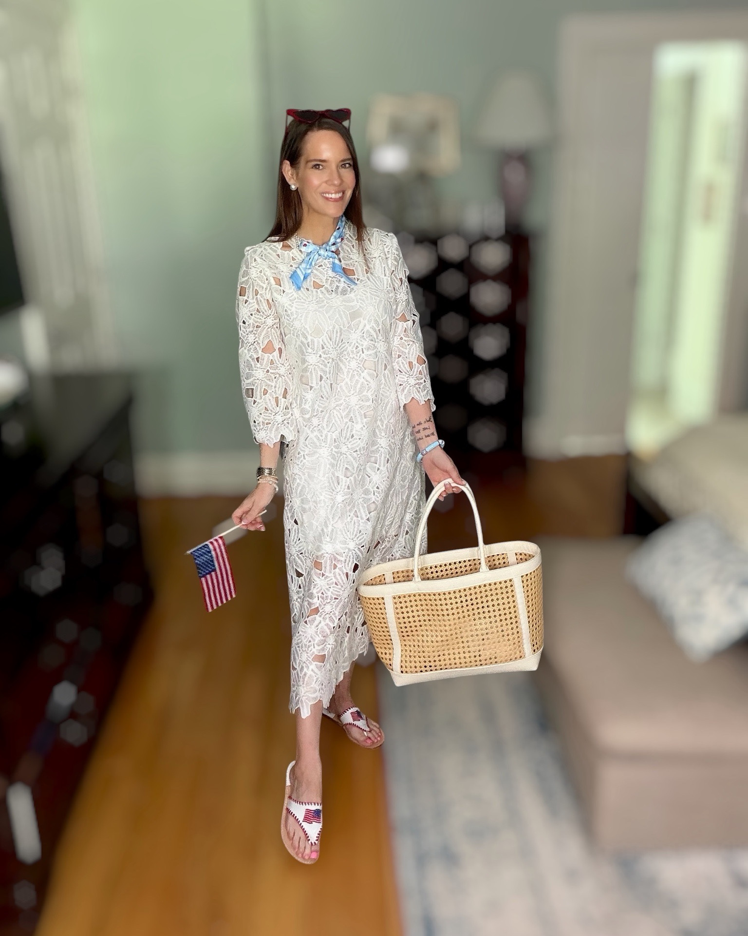🇺🇸 Patriotic Summer Dress Outfit ❤️🤍💙 Lace Midi, Americana Sandals & Cane Tote

Sweet summertime style with a patriotic twist 🇺🇸❤️ Loving this beautiful white lace midi dress paired with the cutest embroidered Americana sandals, a classic cane tote, pearl accessories, and a darling blue printed neck scarf for a subtle pop of color 💙 The red heart sunnies add the most fun festive touch for Memorial Day, Fourth of July, summer parties, or coastal weekends ✨

Dress is lightweight with gorgeous lace detail and such an easy throw-on-and-go look for warm weather! Paired with patriotic sandals, a woven tote, pearl jewelry, and all the fun red, white & blue accessories 🎀☀️

Patriotic outfit, white lace dress, Americana style, Fourth of July outfit, Memorial Day outfit, summer midi dress, coastal preppy style, grandmillennial fashion, patriotic sandals, woven cane tote, feminine summer outfit, red white and blue style, summer vacation outfit, classic preppy fashion 🇺🇸✨

#LTKootd #LTKSeasonal #LTKOver40