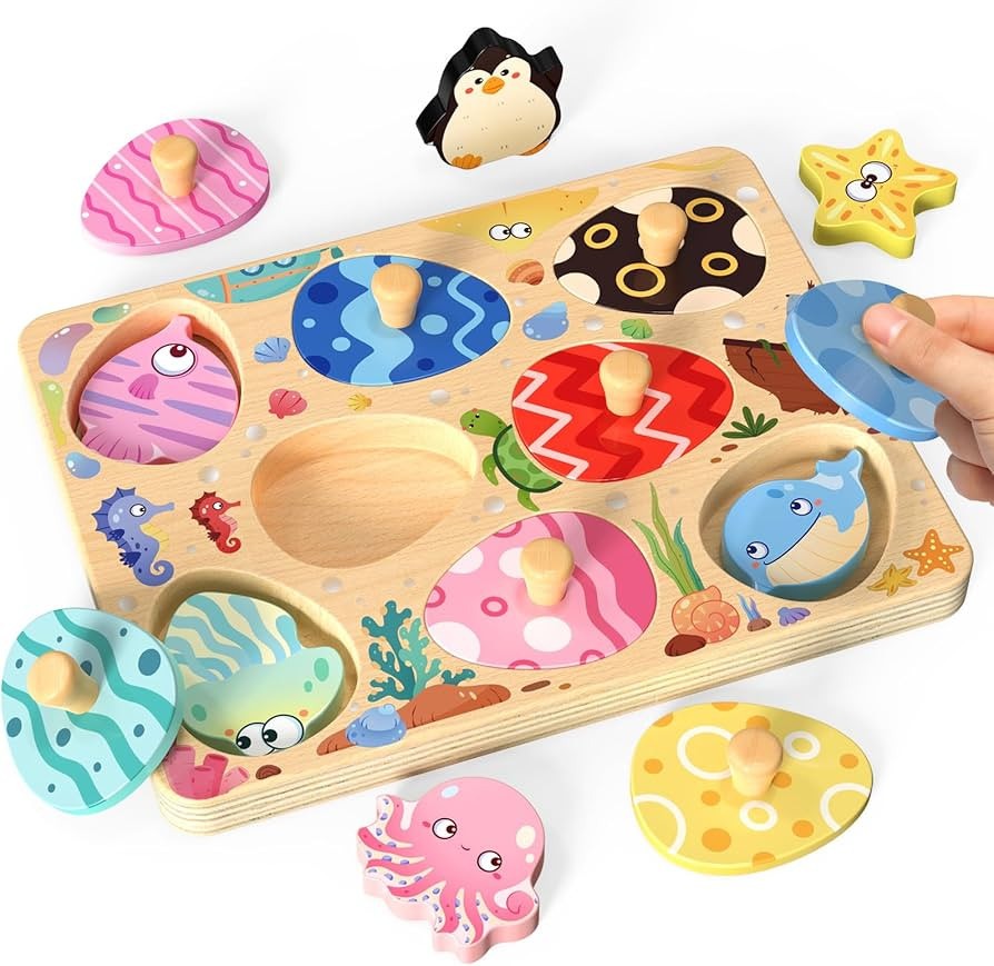 Wooden Puzzles for Toddlers, 8 Pcs Sea Animal Matching Egg Puzzle, Montessori Toys for Boy Girl E... | Amazon (US)