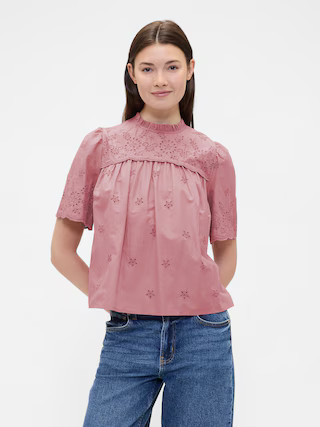 Relaxed Puff Sleeve Eyelet Top | Gap Factory