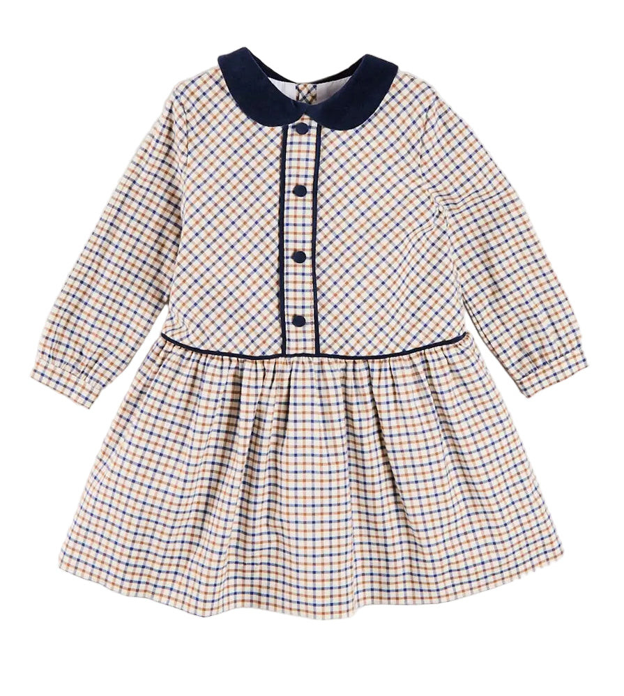 Pepa London Thirleby Check Velvet Collar Button Detail Long Sleeve Dress in Camel | JoJo Mommy